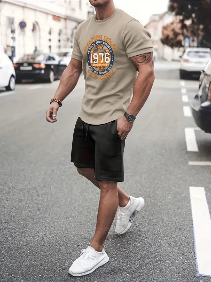 New Men's Two-Piece Plaid Print Fashion Men's Suit Summer O-Collar Short-Sleeved Polo Shirt + Shorts Two-Piece Men's Suit