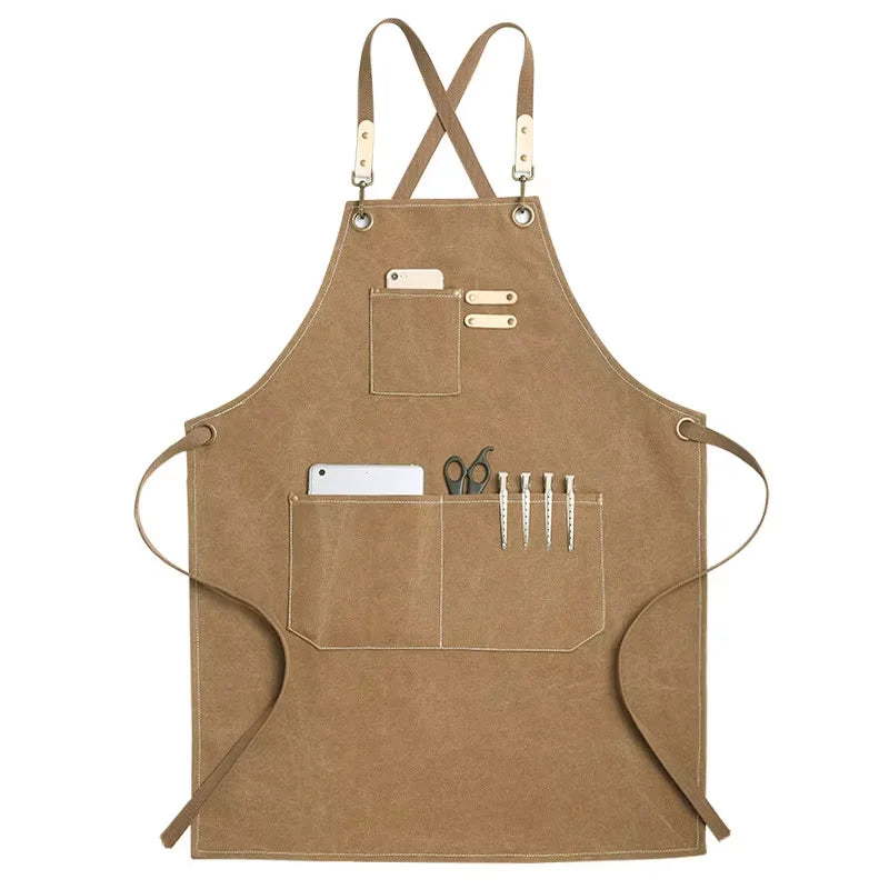 Grembiule da cucina in tela resistente, grembiule da lavoro da barbiere, unisex, con cinghie incrociate regolabili, grembiule con pettorina in ecopelle per parrucchiere da uomo