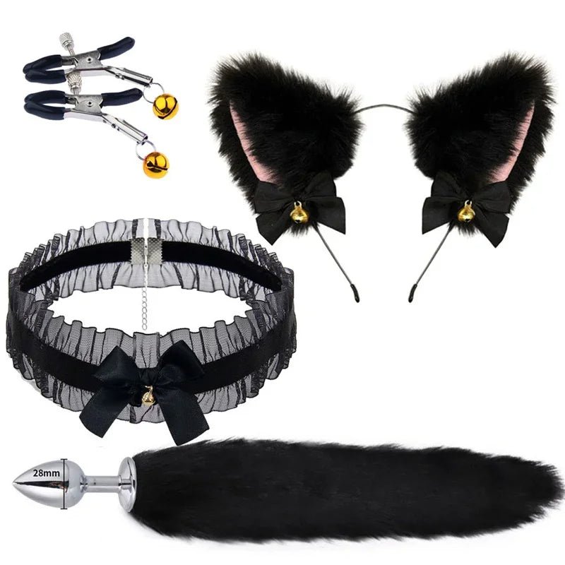 NEW 3pcs Halloween Party Cos Plush Animal Ear Animal Tail Suit Fox Ear Wolf Ear Headband Tail Accessories Cat Head Bell Collar