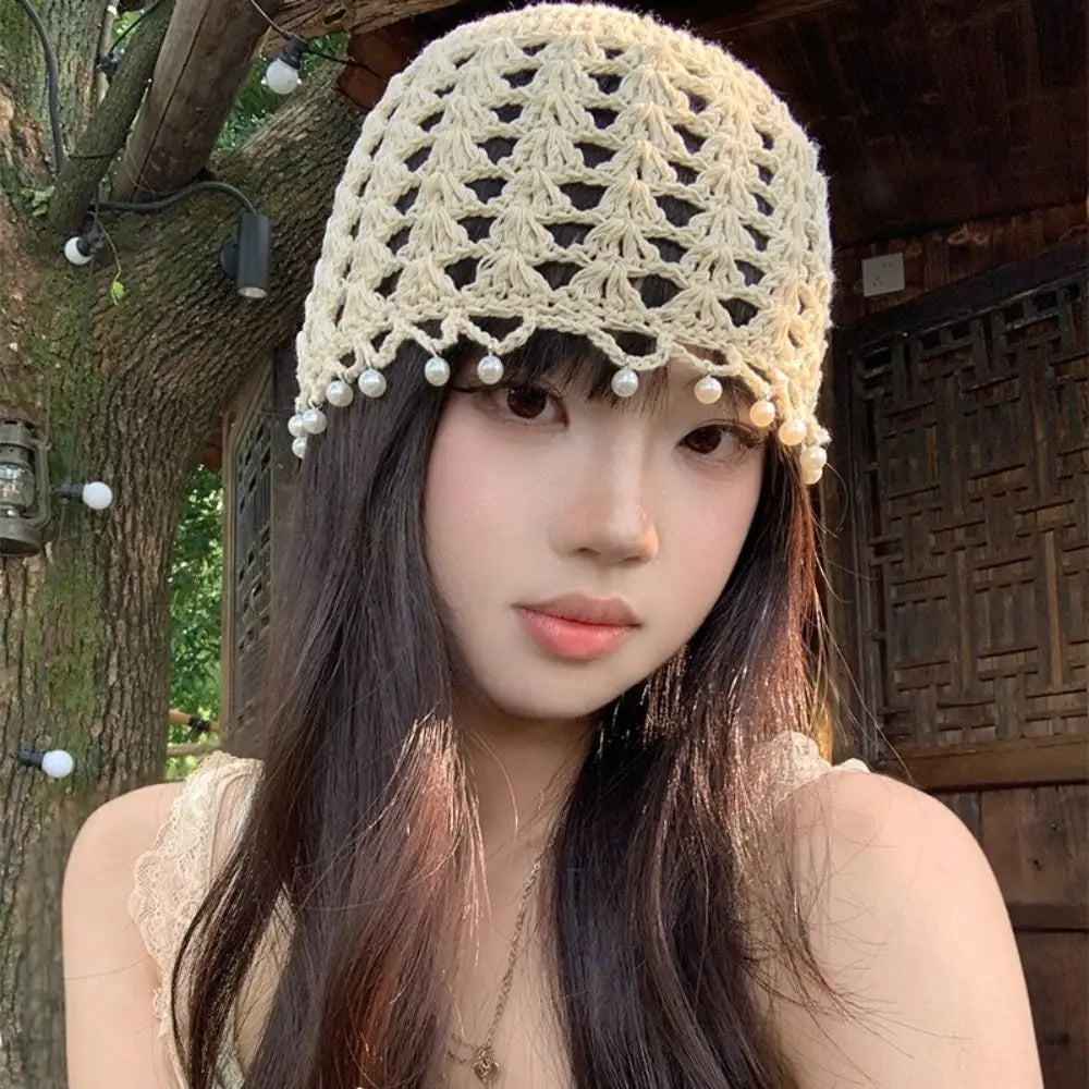 Cute Sweet Crochet Hollow Knitted Hat Bohemian Style Hollow Out Ethnic Style Hat Korean Beads Tassels Weave Cap Outdoor