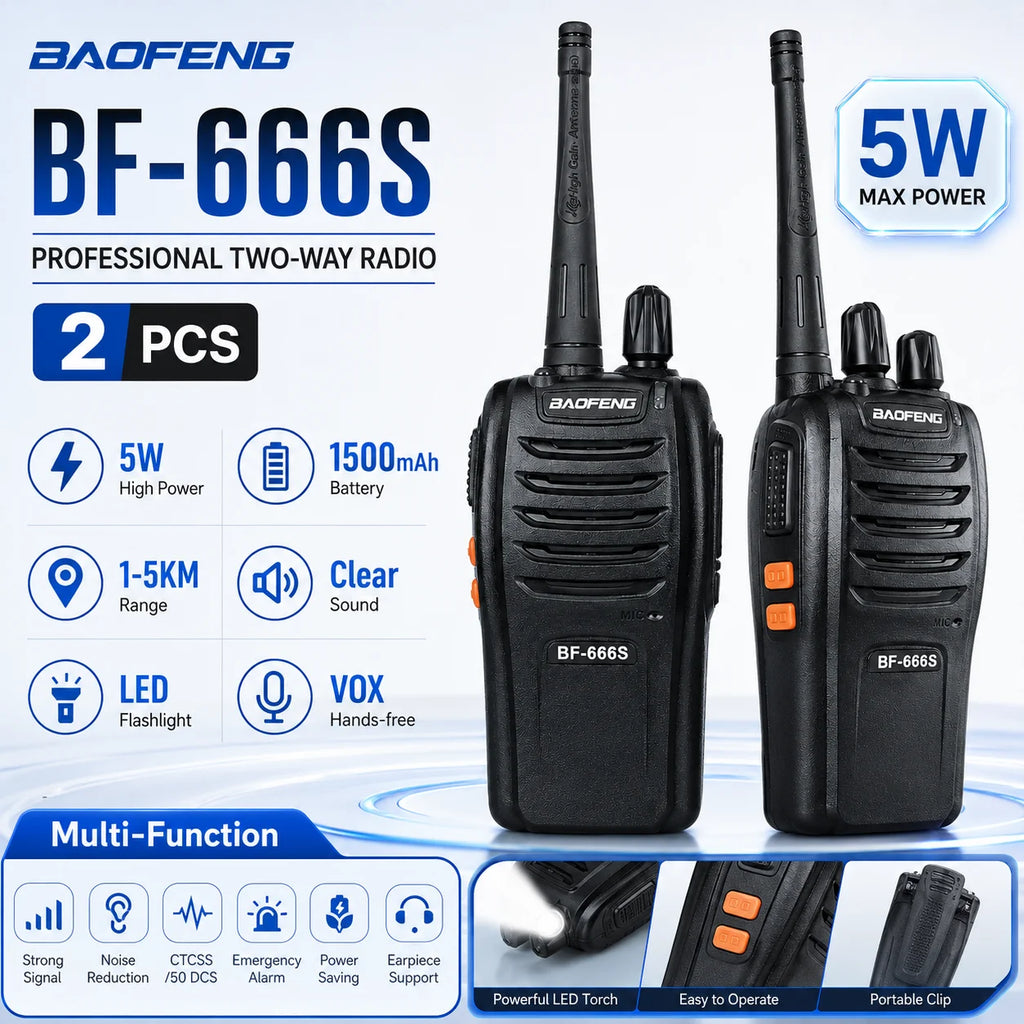 BAOFENG BF-666S Walkie Talkie 2PCS 5W Long Range Two Way Radio 1500mAh Portable Intercom VOX LED Flashlight for Security Outdoor