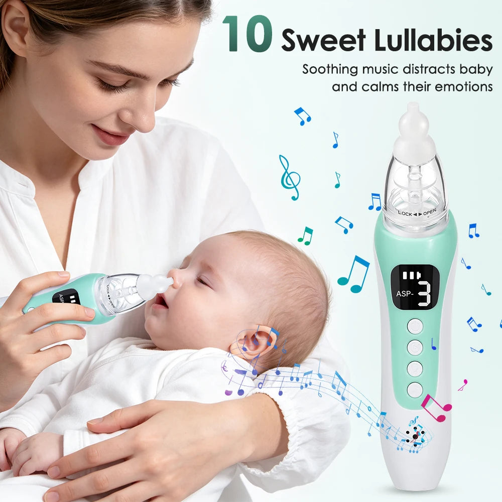 Electric Baby Nasal Aspirator, Rechargeable Nose Sucker for Newborn Toddler, 3 Suction Levels, 10 Soothing Songs, Silicone Tips