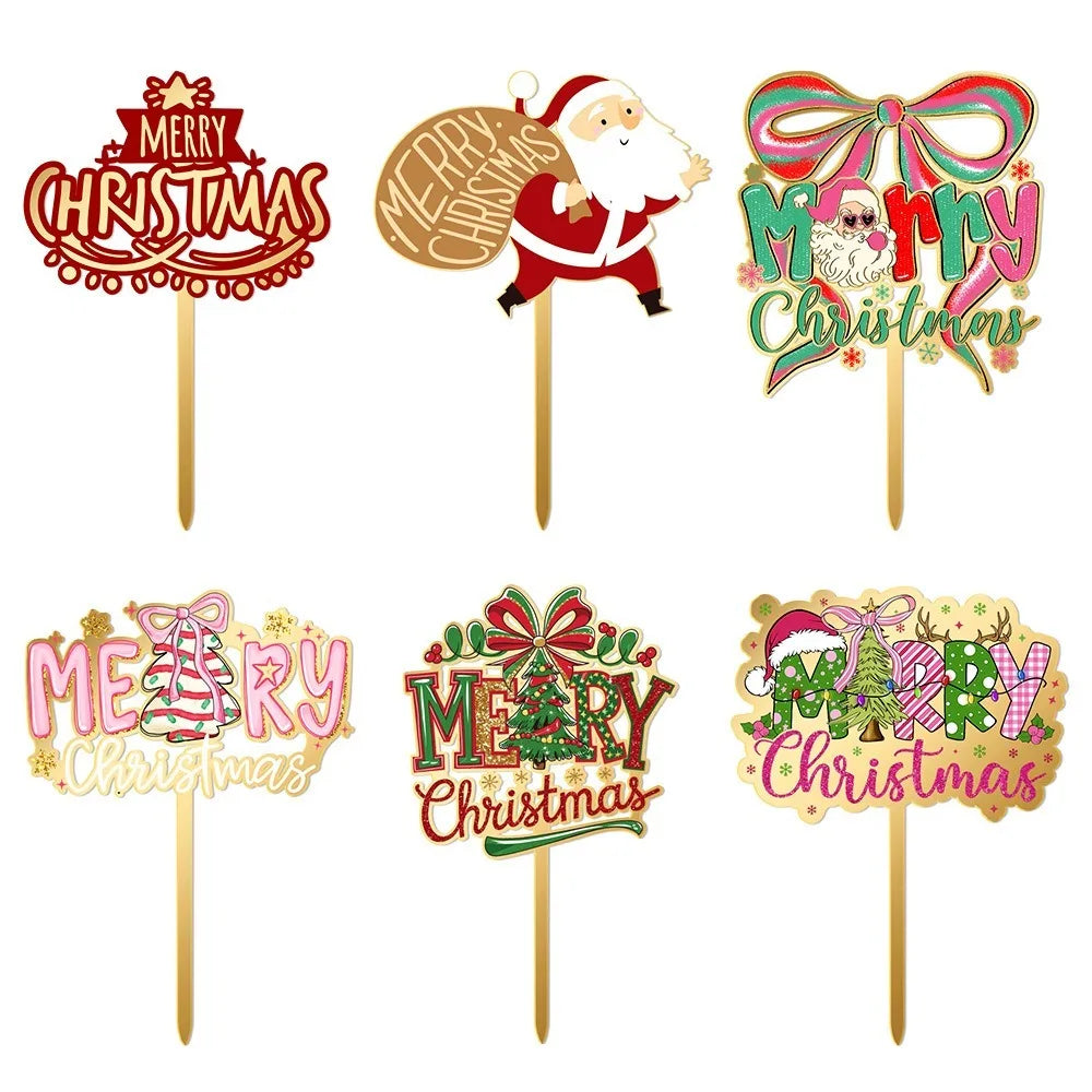 Christmas Cake Topper Acrylic Santa Claus Cupcake Pick Xmas Holiday Party Baking Dessert Decor Merry Christmas Ornament Supplies