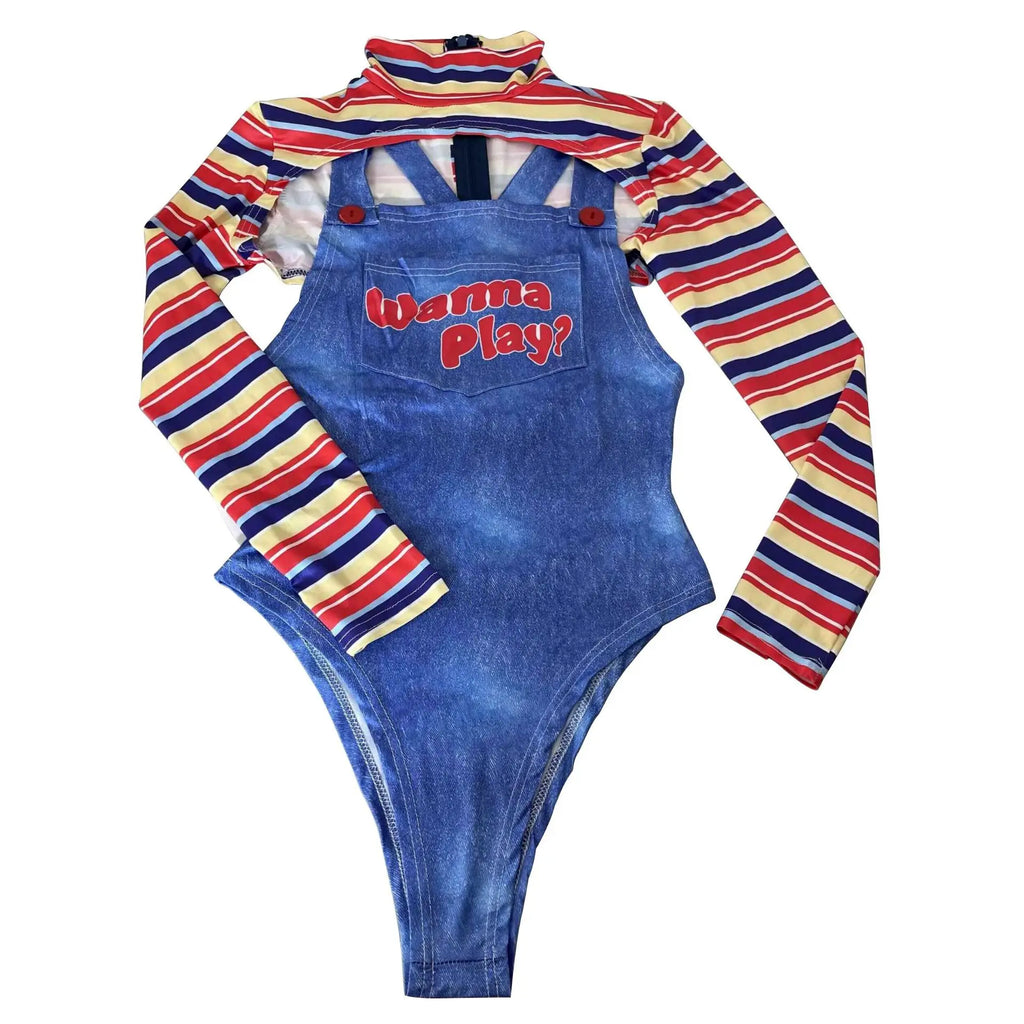 Halloween Costumes for Women Adult Cosplay Striped Long Sleeve Bodysuit Horror Doll Scary Cosplay Carnival Role Play Outfit