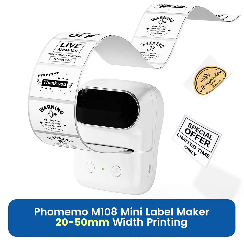 Phomemo 203dpi M110 M220 M108 Label Maker Tag Price Portable Thermal Label Printer with White Photo Labels for Bakery/Business