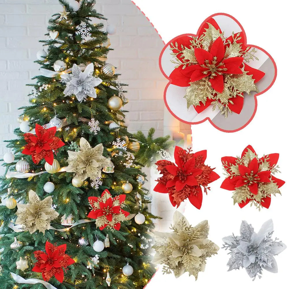 10Pcs Glitter Artificial Christmas Flowers Merry Christmas Tree Decoration Happy New Year Ornaments Xmas Flowers Decor
