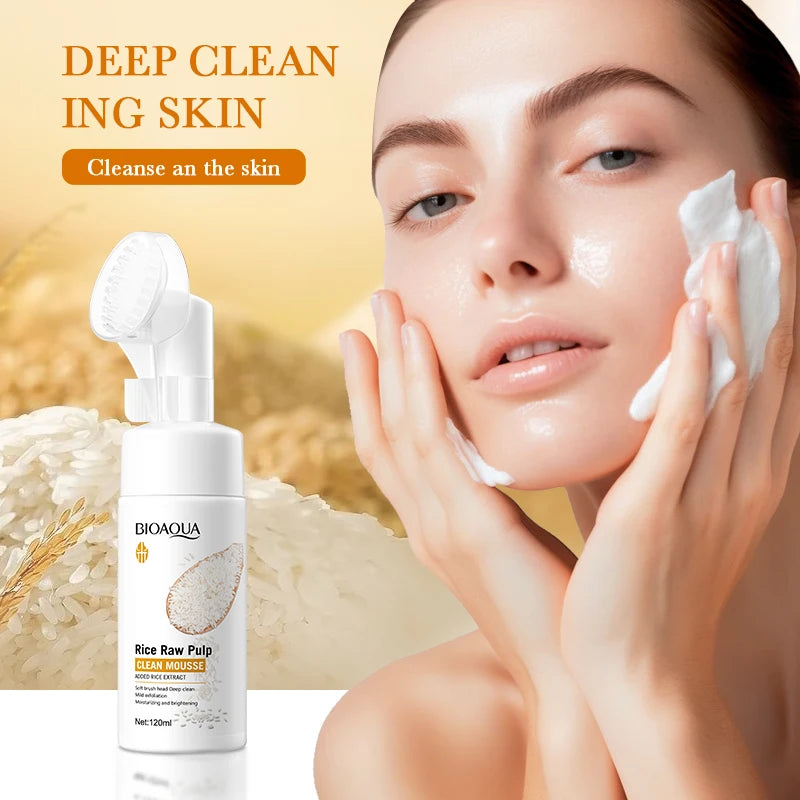 120ml BIOAOUA Rice Raw Pulp Foaming Facial Puree Cleansing Mousse Soothing Facial Cleanser With Brush Head Clear Face Wash