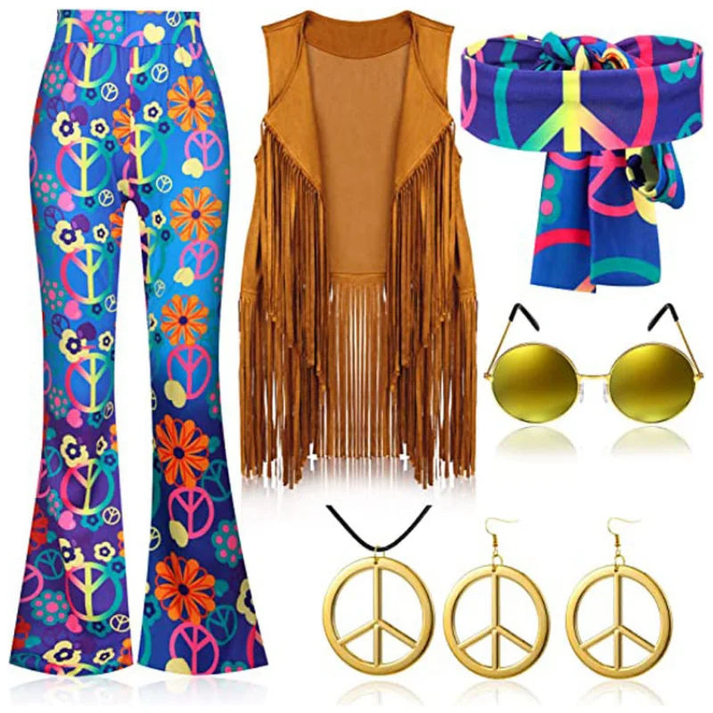 Halloween Hippie Costume Women's Set for Carnival 70s Clothing Accessories Six-Piece Set Tassel Vest+Pants+Headband Set