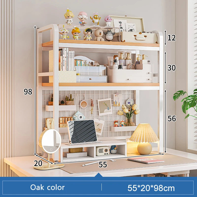 Bookshelf Bookcase With Grid Desktop Multi-layer Wrought Iron Shelf Student Computer Desk Table Hole Board Table Wooden Shelves