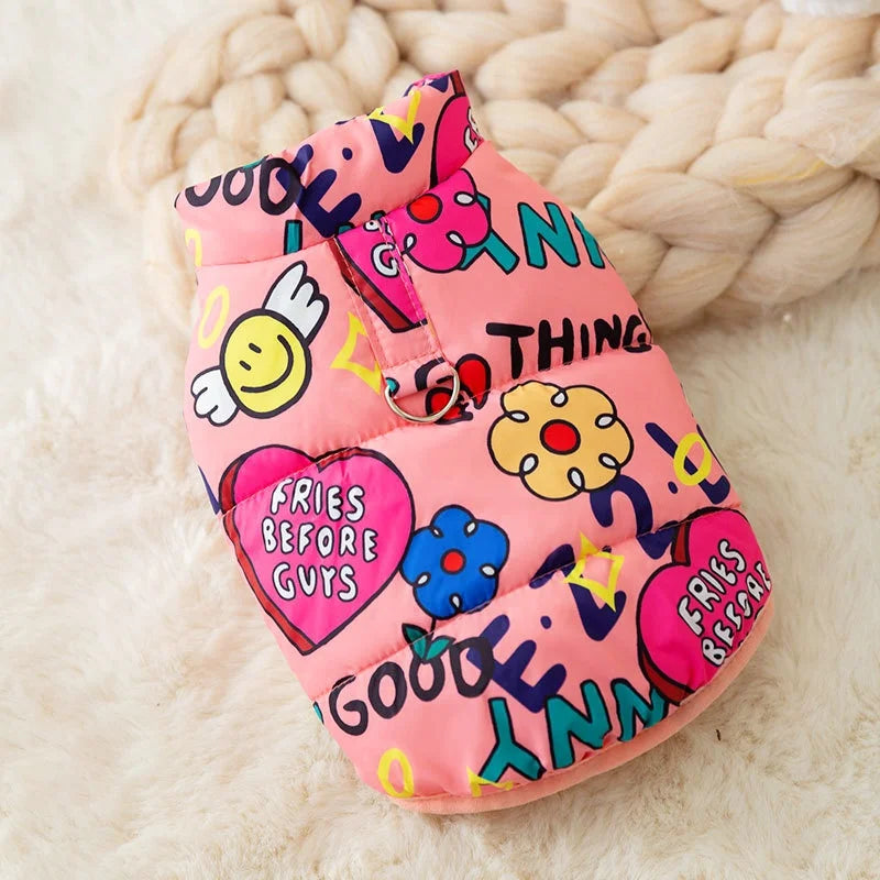 Luxury Pet Dog Vest Coat Lovely Cartoon Print Jacket French Bulldog Chihuahua Warm Vest Puppy Outfit Coat Winter Pet Costume