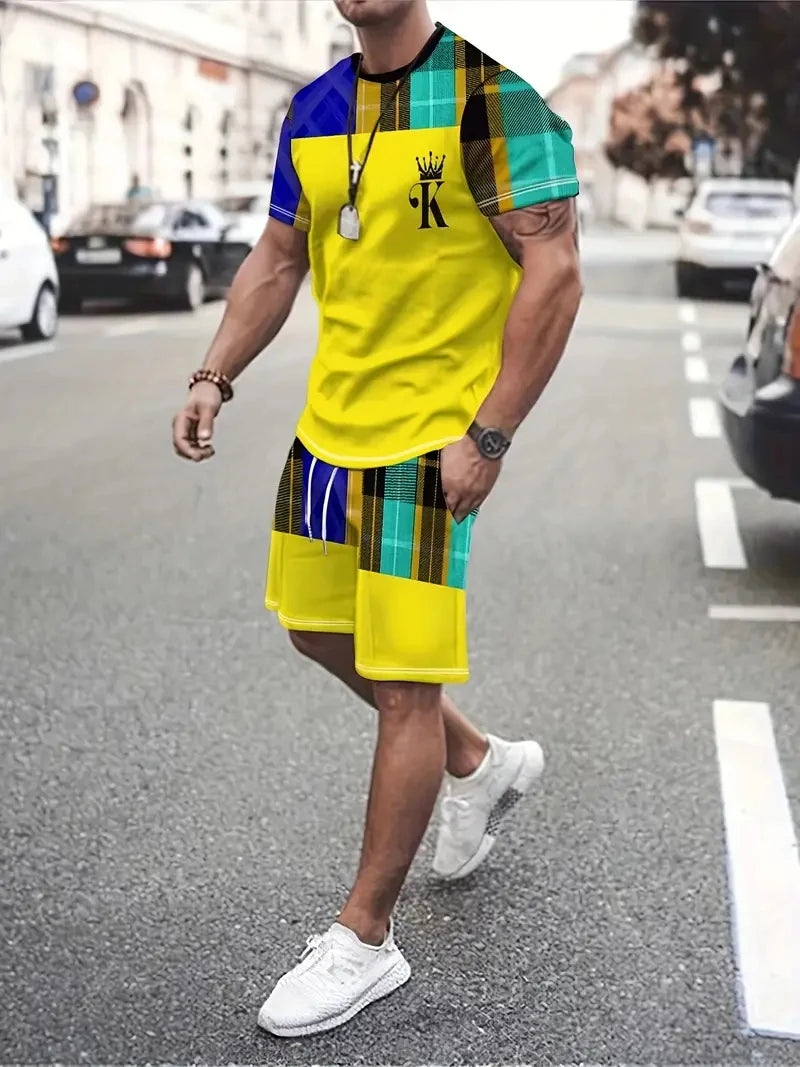 New Men's Two-Piece Plaid Print Fashion Men's Suit Summer O-Collar Short-Sleeved Polo Shirt + Shorts Two-Piece Men's Suit
