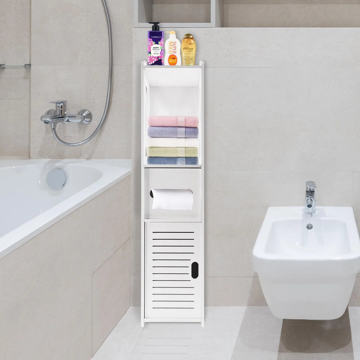 Slim Tall Bathroom Cabinet with Door 80x20x12cm PVC Material Waterproof Easy Install And Clean Storage Solution for Bathrooms