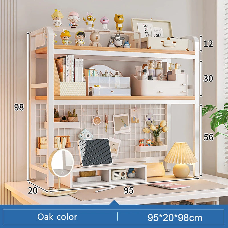 Bookcase With Grid Bookshelf Desktop Multi-layer Wrought Iron Shelf Student Computer Desk Table Hole Board Table Wooden Shelves