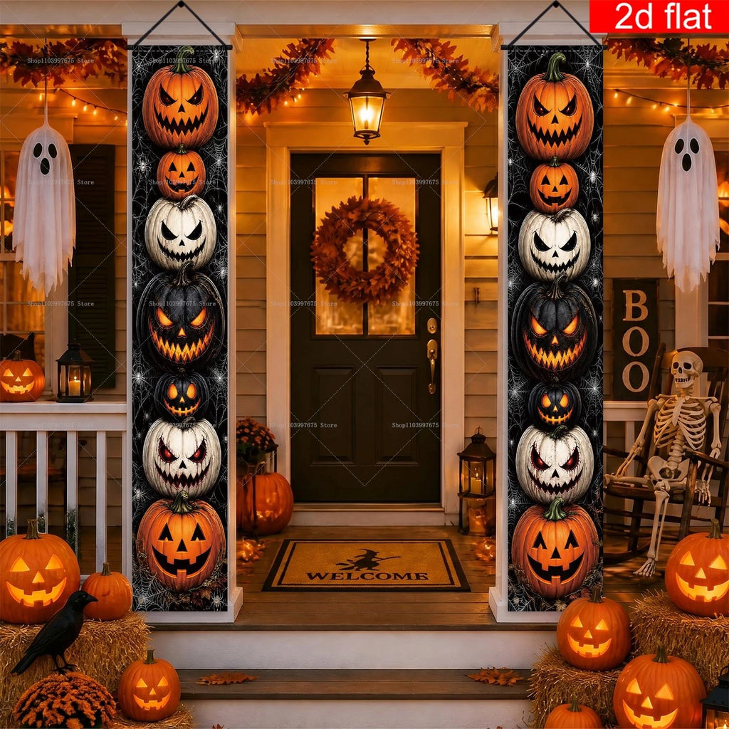 Halloween Decorations Porch Banner Scary Jack Lantern Pumpkin Spider Web Hanging Sign for Indoor Outdoor Halloween Party Decor