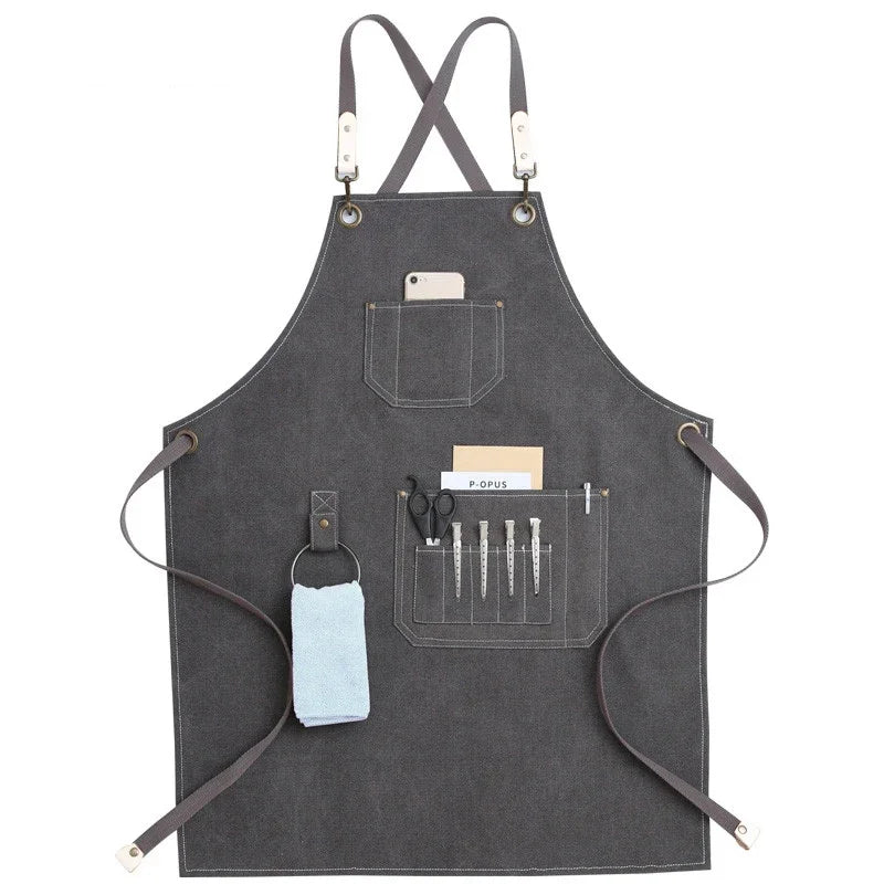 Grembiule da cucina in tela resistente, grembiule da lavoro da barbiere, unisex, con cinghie incrociate regolabili, grembiule con pettorina in ecopelle per parrucchiere da uomo