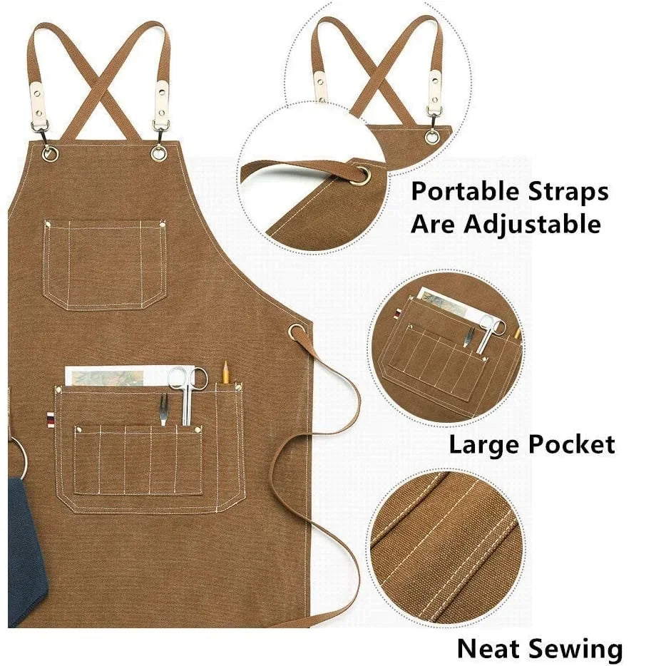 Grembiule da cucina in tela resistente, grembiule da lavoro da barbiere, unisex, con cinghie incrociate regolabili, grembiule con pettorina in ecopelle per parrucchiere da uomo