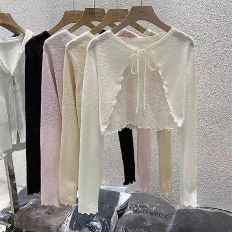 Summer Women Thin Sunscreen Cardigan Lace-up Knitwear Tops Female Korean Style Lantern Sleeve Short Coat Casual Sun Protected
