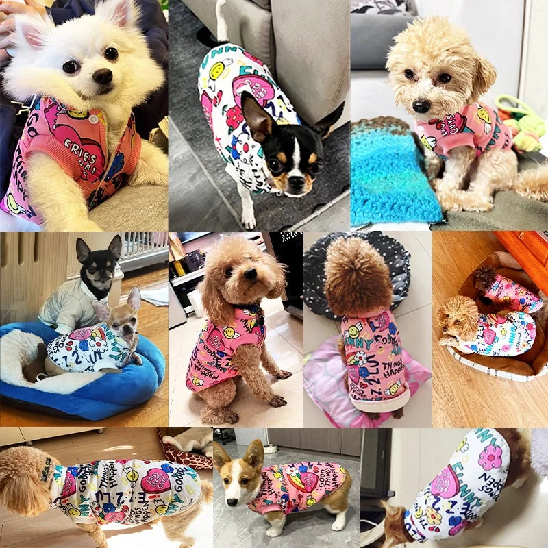 Luxury Pet Dog Vest Coat Lovely Cartoon Print Jacket French Bulldog Chihuahua Warm Vest Puppy Outfit Coat Winter Pet Costume