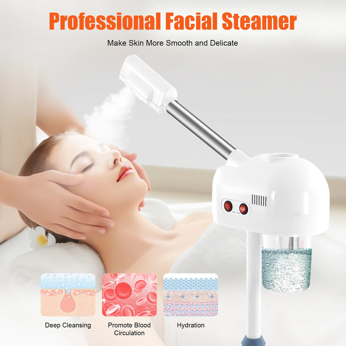 750ml Ozone Facial Steamer Height Adjustable Sprayer 360° Rotatable Movable Skin Care Equipment for Salon Beauty Spa White/Black
