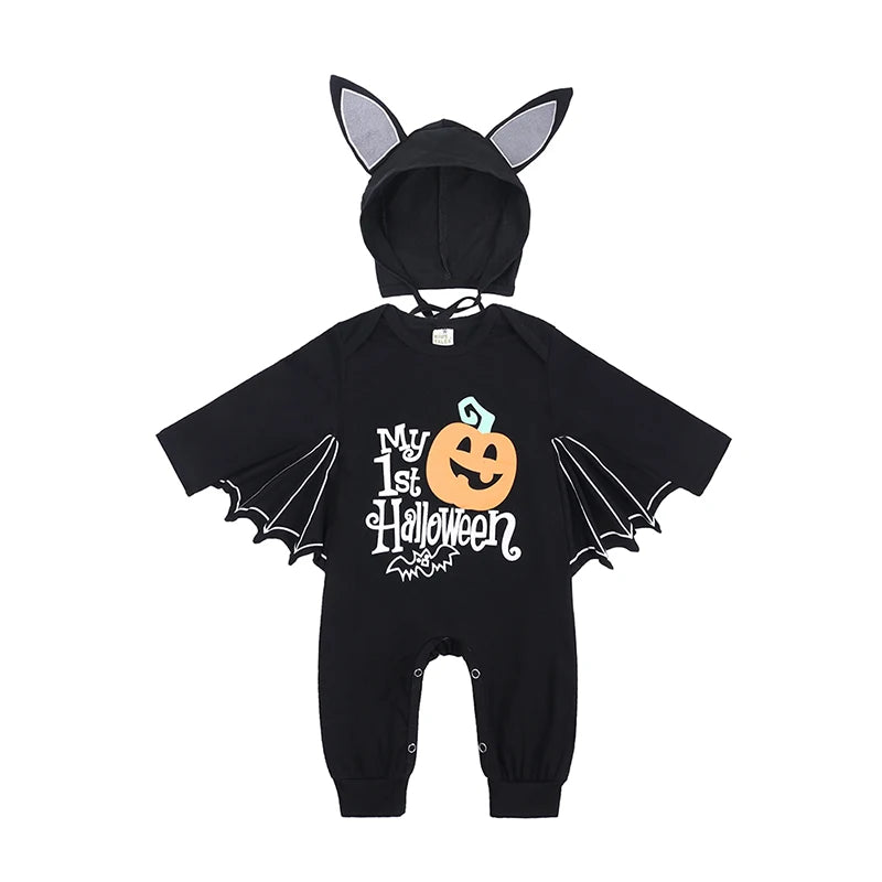 Halloween Baby Clothes Bat Costume Cotton Newborn Rompers Long-Sleeve New Born Outfits Black Jumpsuit with 3D Wings & Eared Hat