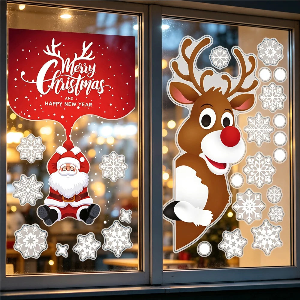 Christmas Window Stickers Santa Claus Reindeer Snowflake Static Window Clings Merry Christmas Glass Decals New Year Party Decors