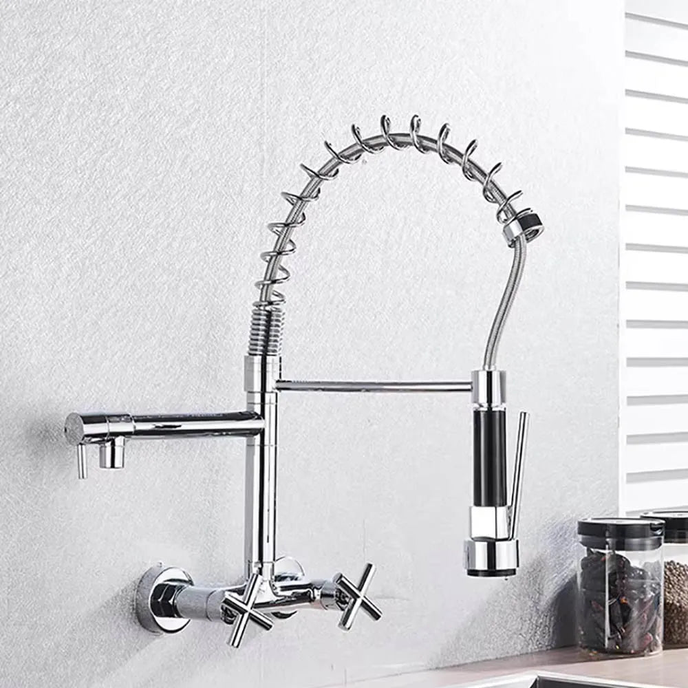 Matte Black Wall Mounted Kitchen Faucet Hot Cold Water Mixer Tap For Kitchen Pull Down Spray 360 Rotation Kitchen Mixer Taps