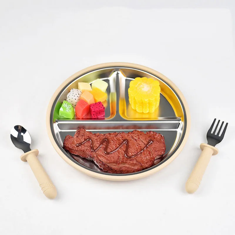 New 1PCS Stainless Steel Plate Detachable Suction Dishes Baby Feeding Sucker Bowl Food Grade Silicone Food Tray Tableware
