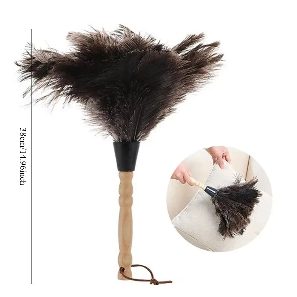 Ostrich Feather Duster with Wooden Handle Anti-static Dust Removal Brush for Home Office Furniture Daily Cleaning Tools