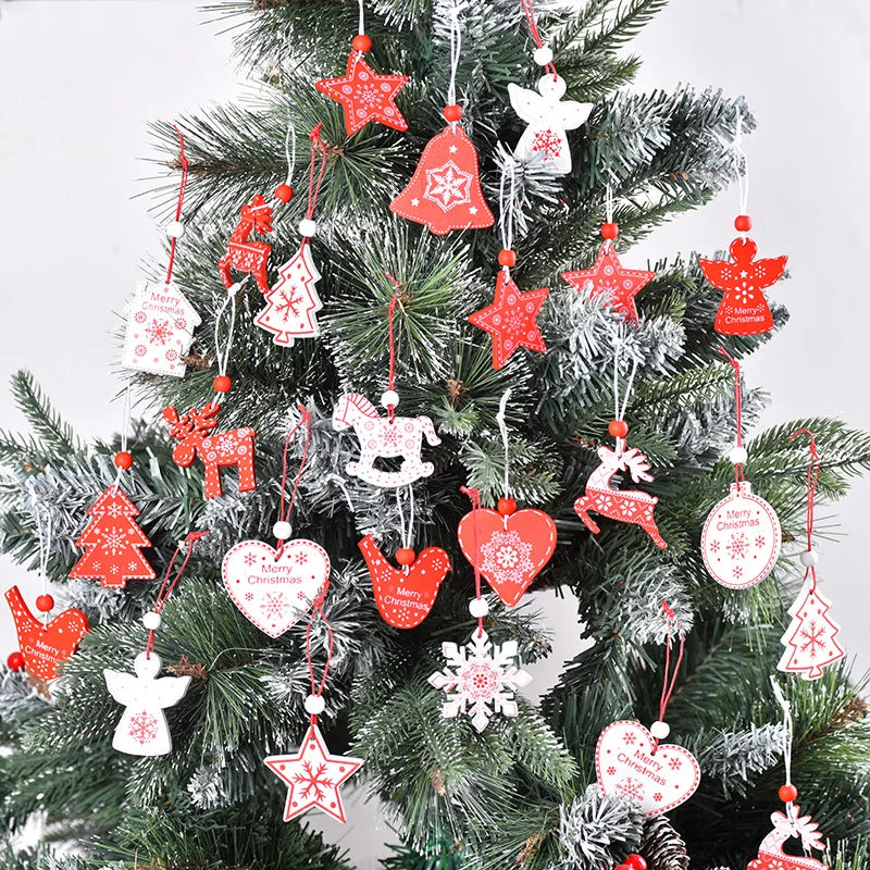 12Pcs/lot Merry Christmas Tree Decoration Wooden Hanging Pendant elk bells snowflake Xmas Ornaments New Year Home Decor Gifts