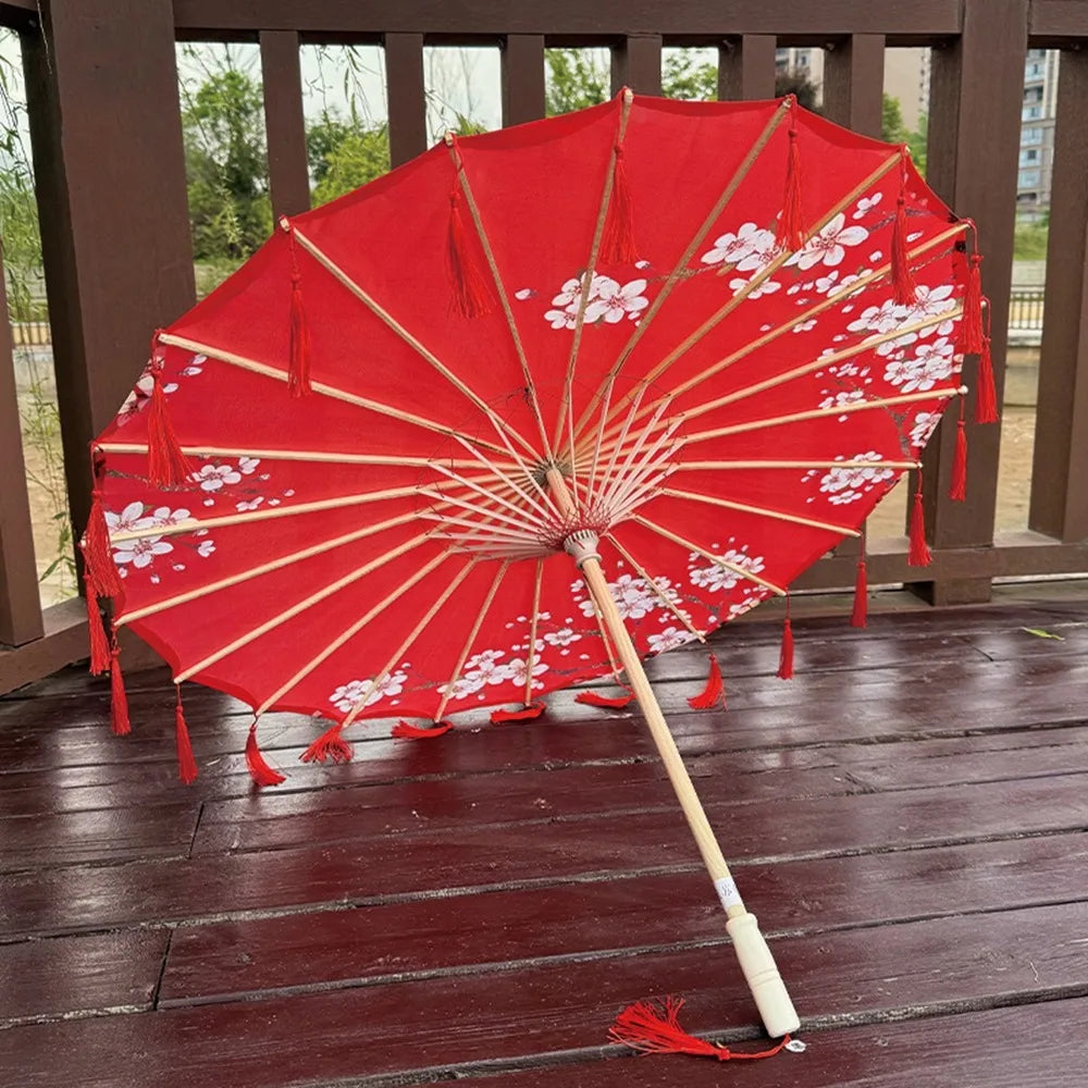 70cm Silk Fabric Tassel Umbrella Handheld Chinese Style Ancient Dance Umbrella Rainproof Decorative Classical Oil Paper Umbrella