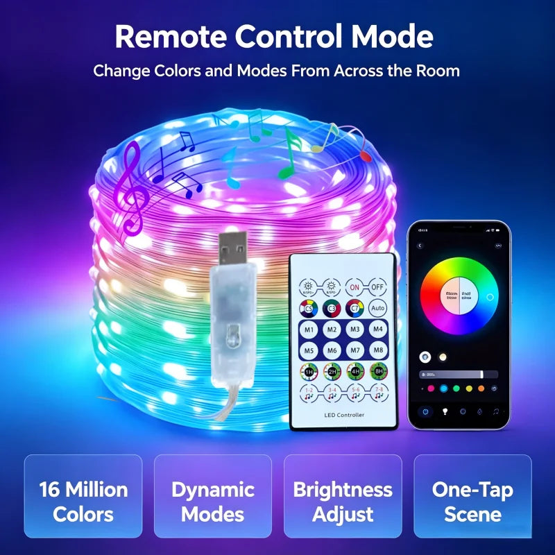 RGB LED Light String Intelligent Control Outdoor Lantern Party Leather Line Lamp IP67 Music Light String Holiday Decoration