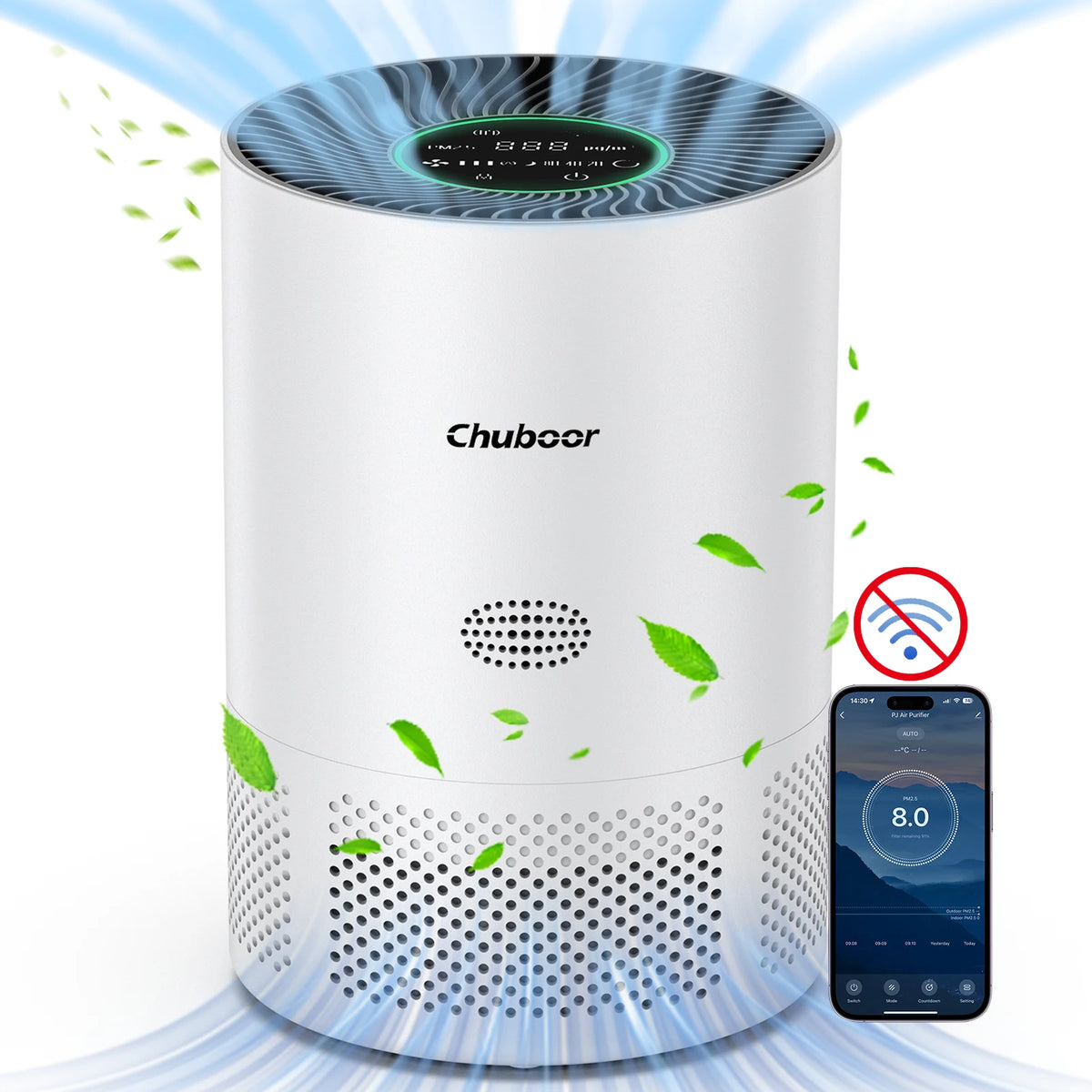 Chuboor Air Purifier for home with H13 true HEPA, PM2.5 detection, Removes Dust Smoke Pet Dander Odor, CADR 185m³/h, suitable for 30-40㎡, washable filter, super quiet, air cleaner for kitchen, office, or bedroom