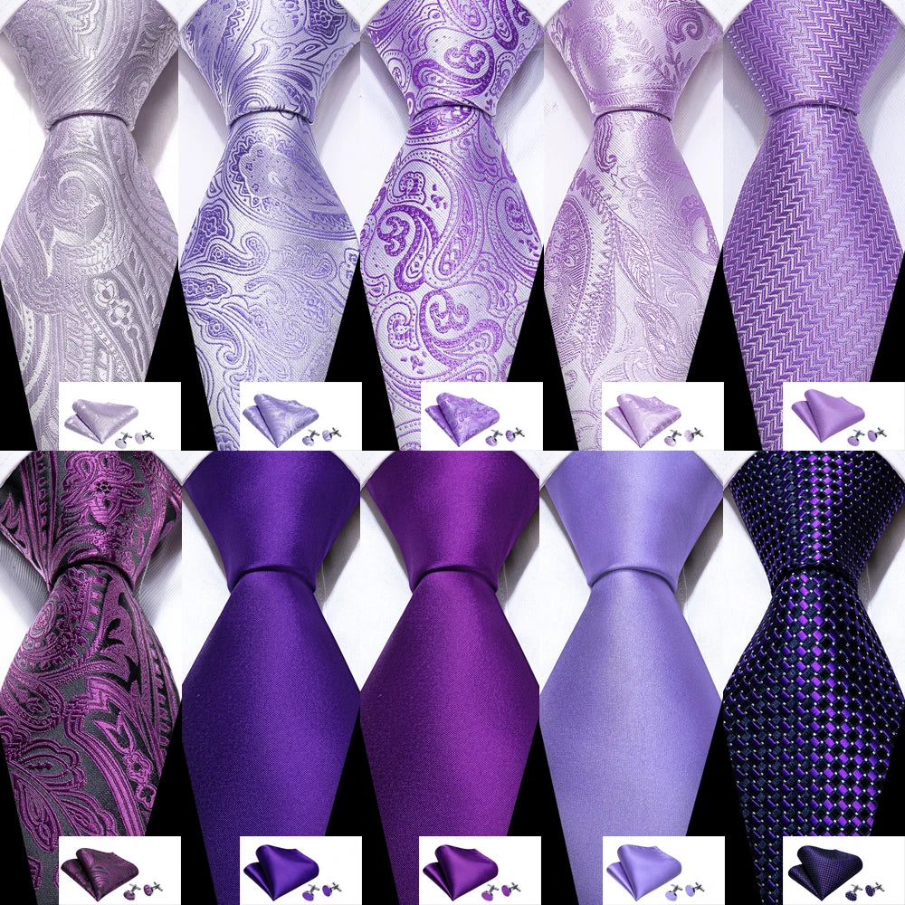 Male Gift Men Tie Set Purple Violet Solid Paisley Striped Wedding Business Tie for Man Necktie Handky Cufflinks Barry.Wang
