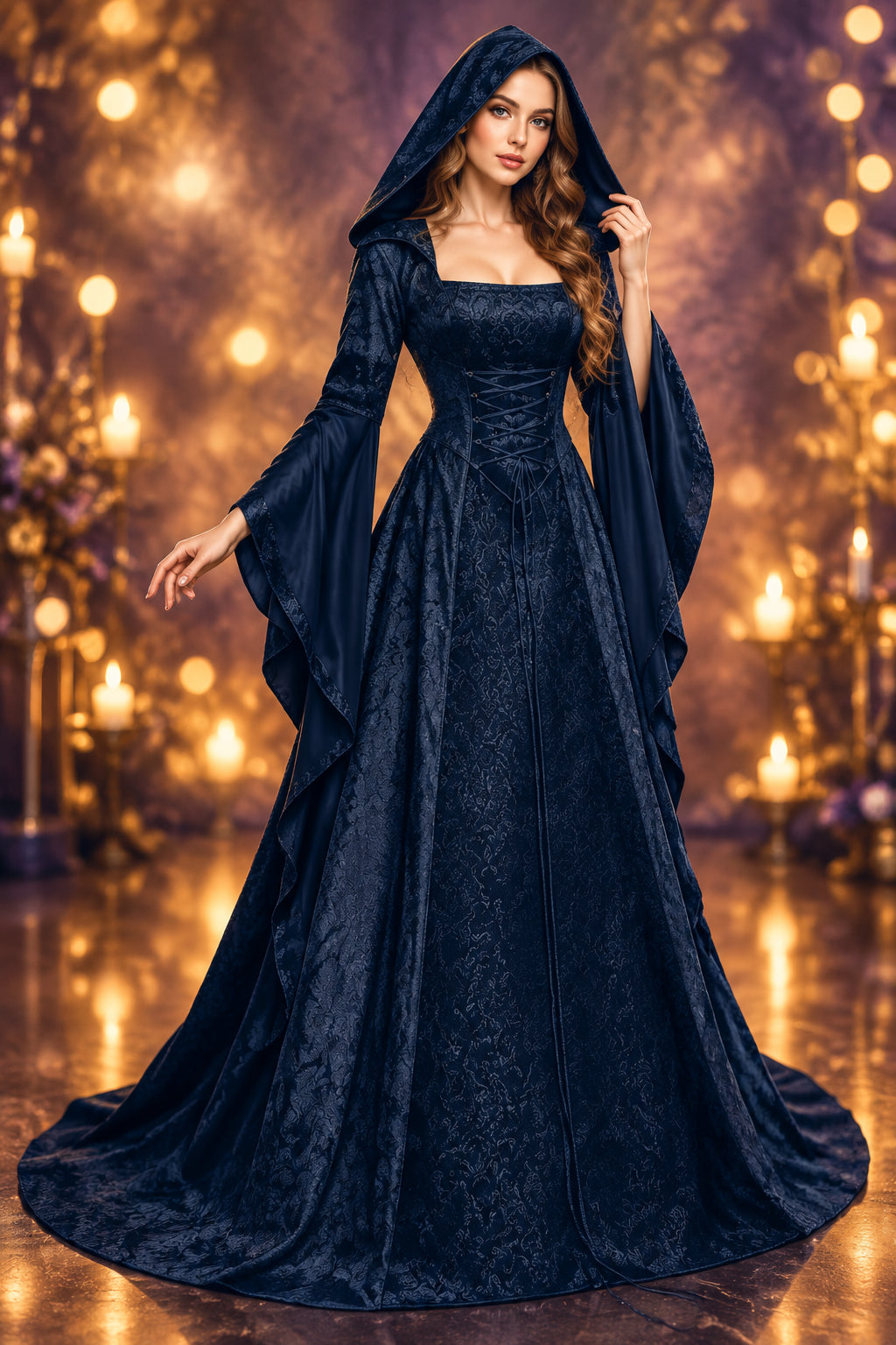 Halloween Cosplay Women's Luxury Witch Hooded Dress Costumes Retro Embroidered Renaissance Gothic Wedding Floor Length Dress