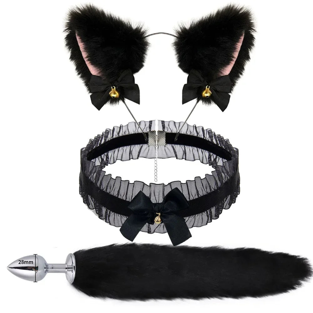 NEW 3pcs Halloween Party Cos Plush Animal Ear Animal Tail Suit Fox Ear Wolf Ear Headband Tail Accessories Cat Head Bell Collar