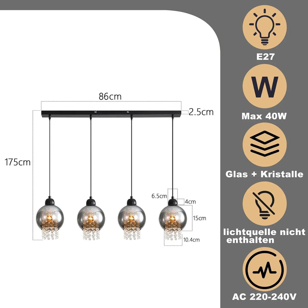 Pendant lamp dining table hanging lamp E27 hanging lamp 4 Flame glass dining room lamp Vintage dining table lamp Smoke gray dining room pendant lamp for living room bedroom kitchen (without illuminant