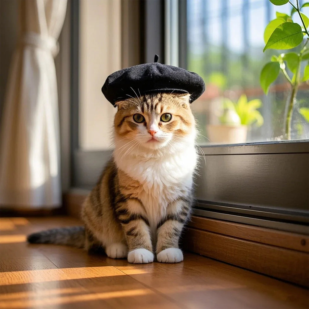 Dog Beret Hats Cats Hats Fashion Four Seasons Funny Wool Winter Pet Hat Mini Monochrome Cat Beret Cute Pet Casual Travel Outfit