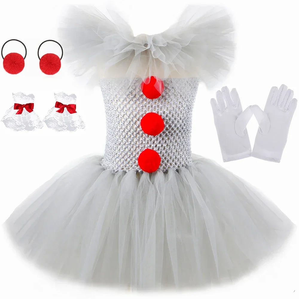 Halloween Pennywise Costume for Kids Creepy Clown Gray Joker Tutu Dress Outfit Girls Fancy Carnival Party Tulle Dress Up Clothes