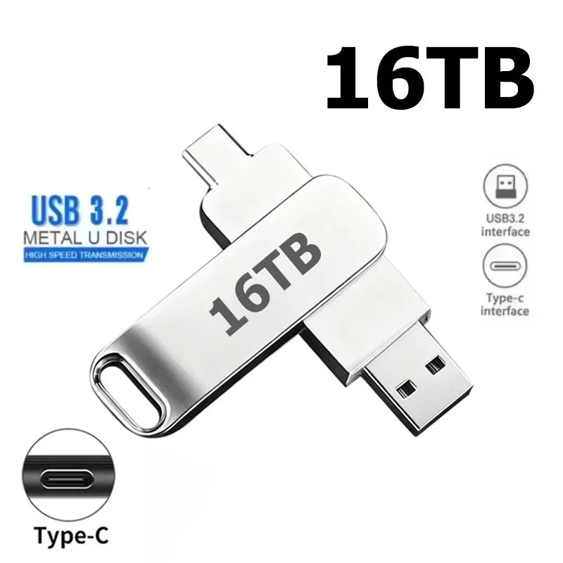 16TB Flash Drive USB 3.2 High Speed 2TB USB Transfer Type-C 2-In-1 8TB OTG Pendrive Waterproof Flash Drive For Computer Storage