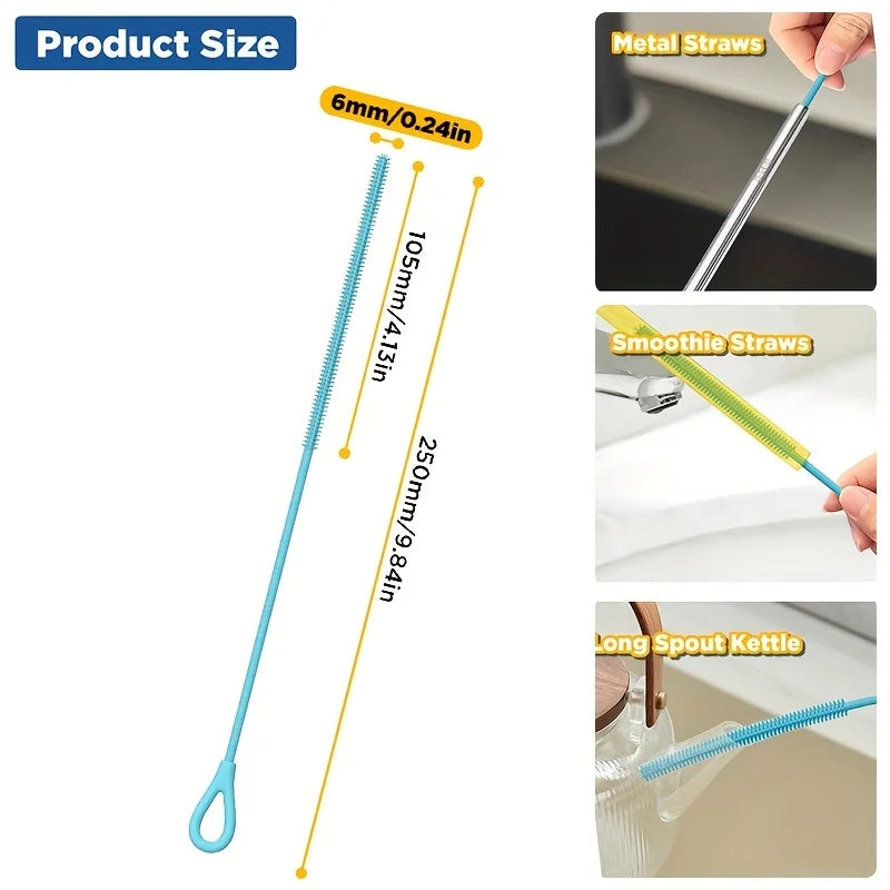 Silicone Wash Cup Brush with Long Handle, Reusable Silicone Straw Cleaning Kit, 6mm Diameter, Bendable Soft Pipe/Tube Cleaning