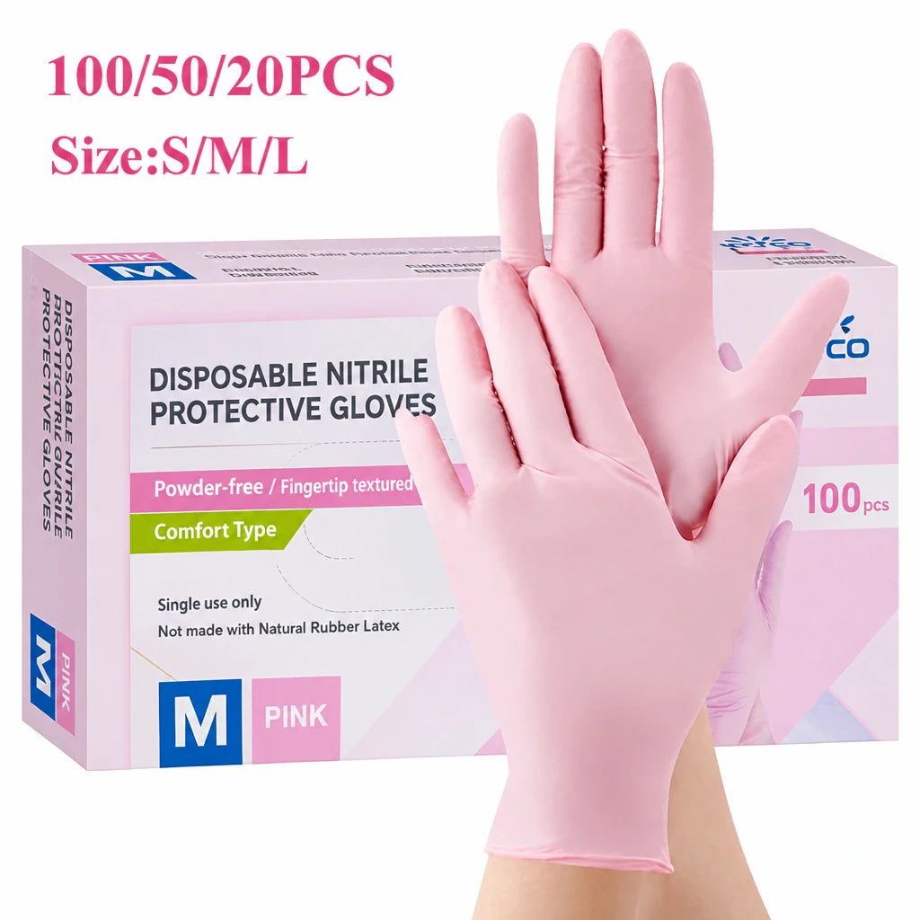 20/50/100PCS Pink Nitrile Gloves Disposable Latex Gloves Powder Free for Household Cleaning Beauty Salon Working Kitchen Glove