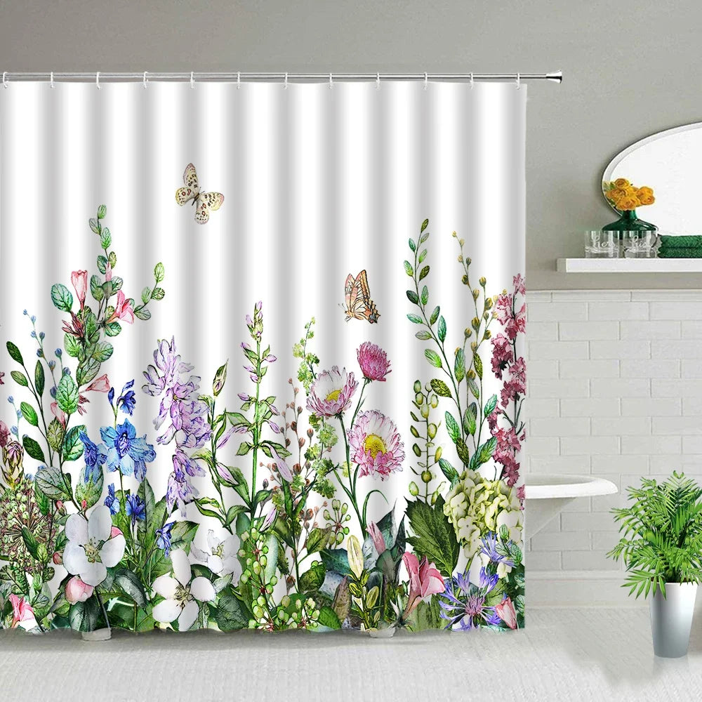 Rose Butterfly White Flower Shower Curtain Floral Print Waterproof Polyester Bathroom Curtain Fabric For Bathtub Decoration