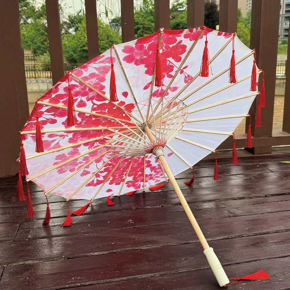 70cm Silk Fabric Tassel Umbrella Handheld Chinese Style Ancient Dance Umbrella Rainproof Decorative Classical Oil Paper Umbrella