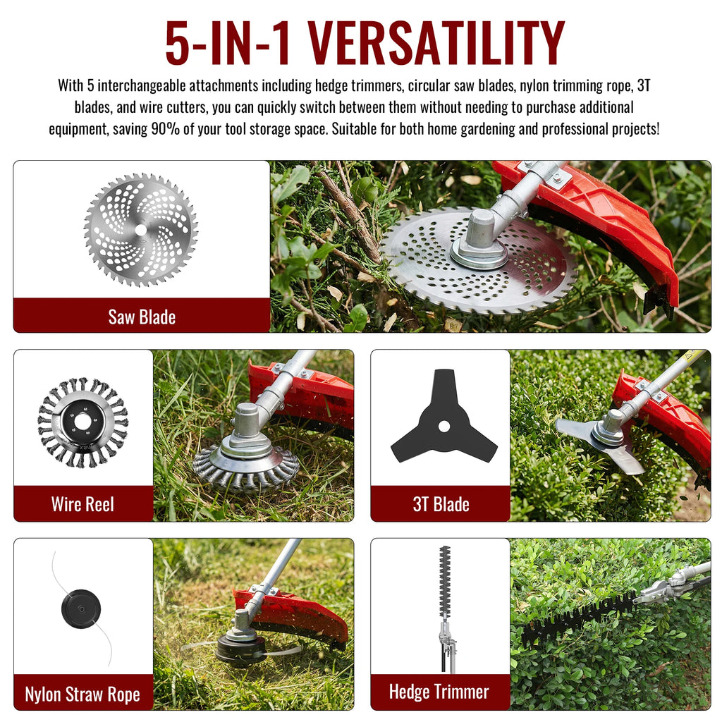 Conentool 11000RPM 52CC Petrol Brush Cutter 5 in 1 Handheld Garden Grass Trimmer 2 Stroke Hedge Trimmer Chainsaw Tool