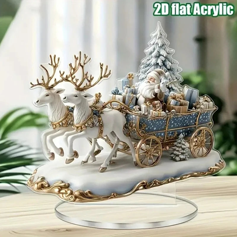 Christmas Xmas Tree Desktop Ornament Santa Claus Reindeer Sled Tabletop Decoration With Base 2D Acrylic Navidad Party Supplies