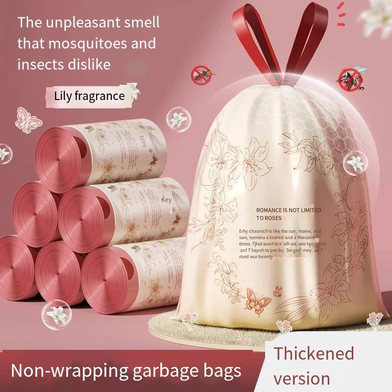 1 Roll of 30 Pieces, Tear Free Drawstring Garbage Bag, Household Thick Lily Fragrance Deodorizer, Portable Plastic Garbage Bag