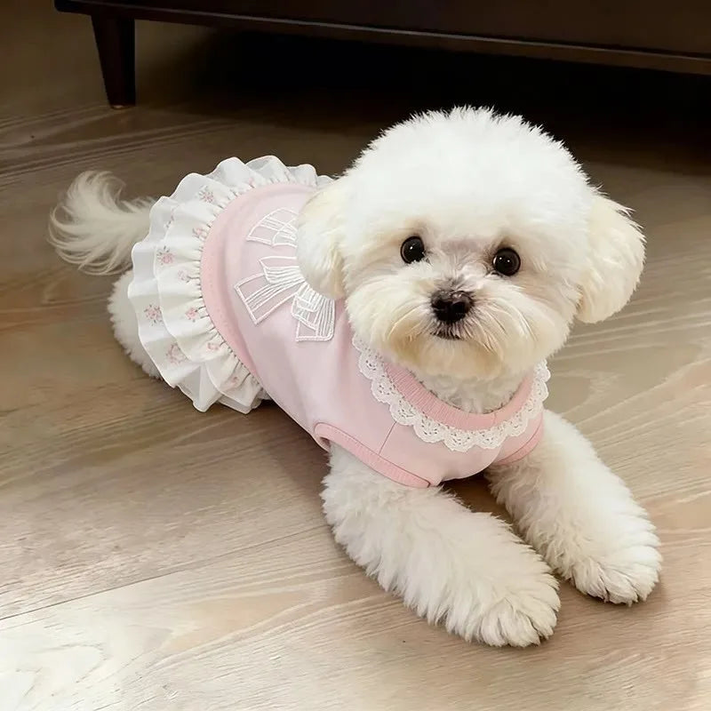Pet Spring Summer Dress Thin Pink Bow Cute Skirt Breathable Clothes for Small Dog Cat Bichon Schnauzer Daily Apparel