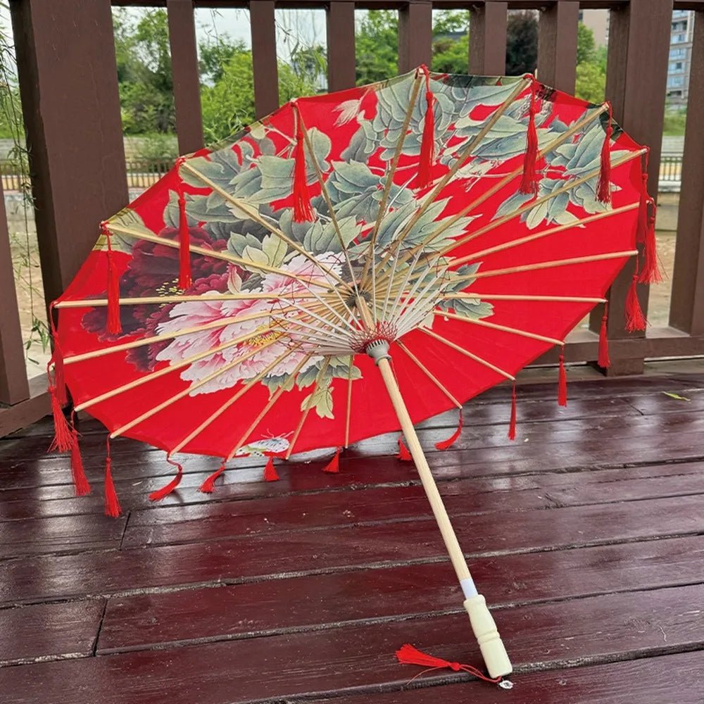 70cm Silk Fabric Tassel Umbrella Handheld Chinese Style Ancient Dance Umbrella Rainproof Decorative Classical Oil Paper Umbrella