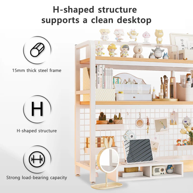 Bookcase With Grid Bookshelf Desktop Multi-layer Wrought Iron Shelf Student Computer Desk Table Hole Board Table Wooden Shelves