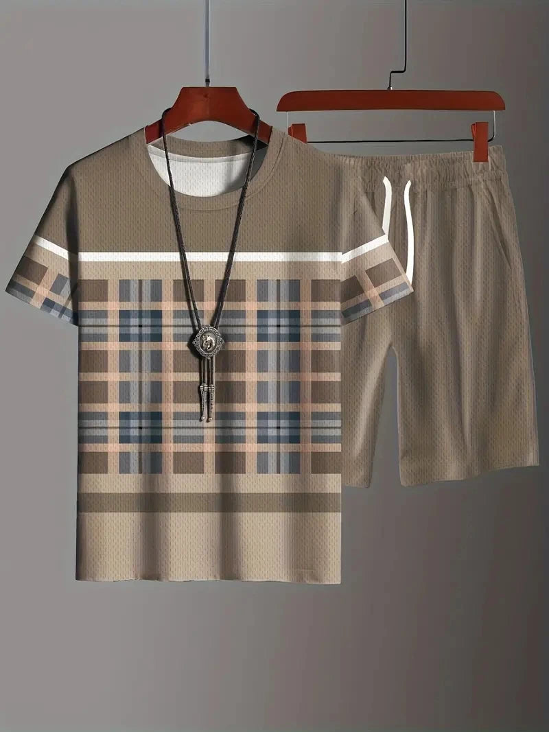 New Men's Two-Piece Plaid Print Fashion Men's Suit Summer O-Collar Short-Sleeved Polo Shirt + Shorts Two-Piece Men's Suit
